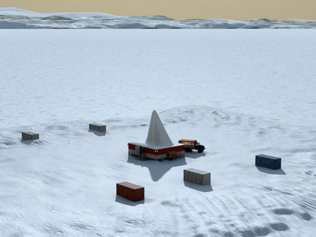 3D Darstellung der Bohrplattform auf dem See/Aufsicht