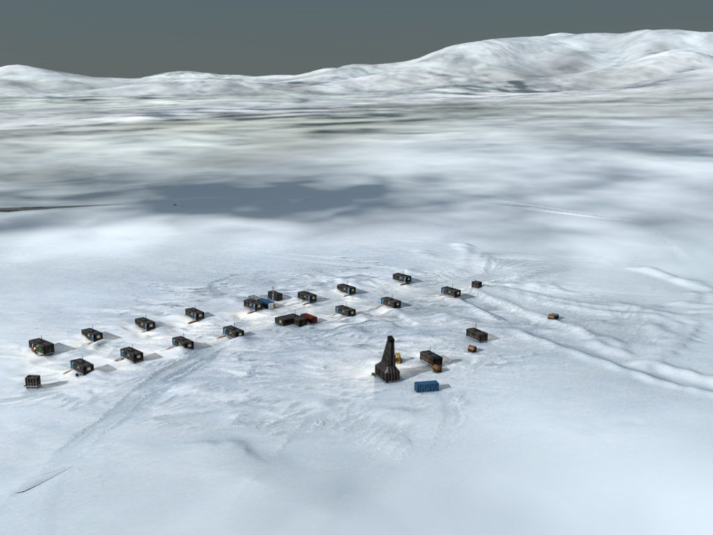 3D Darstellung des Camps in der Nähe des Seeufers/Aufsicht